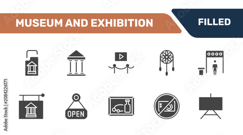 Obraz na plátně museum and exhibition icon set with archivist, antic architecture, electronics, museum canvas signs in filled style