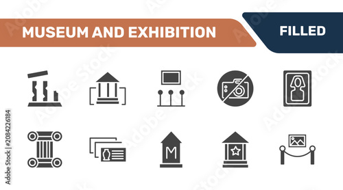 museum and exhibition icon set with relics, buffalo, exhibition, painting signs in filled style. solid icons for ui, web and printing
