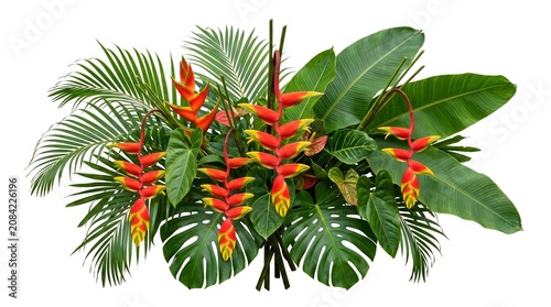 Tropical flower arrangement with red heliconia and green monstera palm leaves isolated on white background