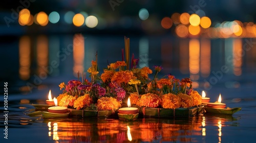 Floating flower candle arrangement on river at night with glowing reflection and soft bokeh lights