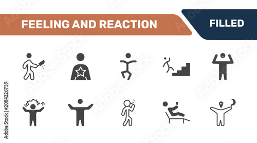 Foto feeling and reaction icon set with awful human, good human, stupid human, horrible signs in filled style