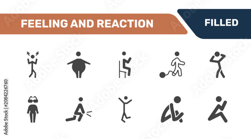 Obraz na plátně feeling and reaction icon set with aggravated human, fat human, satisfied human, lonely signs in filled style