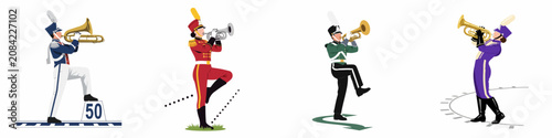 Fényképezés A collection of four diverse marching band performers in colorful uniforms playing brass instruments, depicted in a clean, flat illustration style