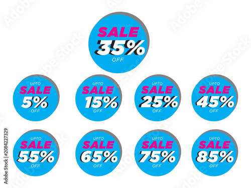Round blue sale sticker collection set with 3D drop shadow effect and percentage discounts from 5% to 85% off
