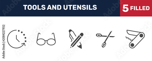 Foto tools and utensils icon set with time left, reading glasses, open scissors, penknife signs in filled style