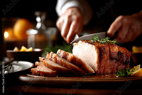 A chef is carving picanha steak juicy slices with fire and smoke in the background.