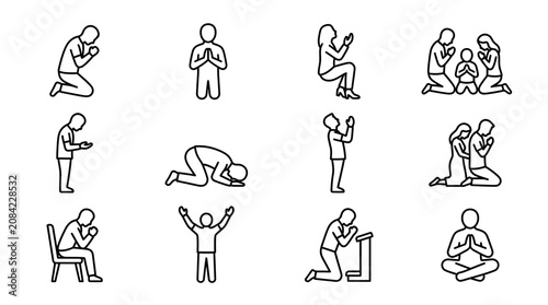 Obraz na plátně Prayer Icons: Diverse People Praying in Various Poses and Settings