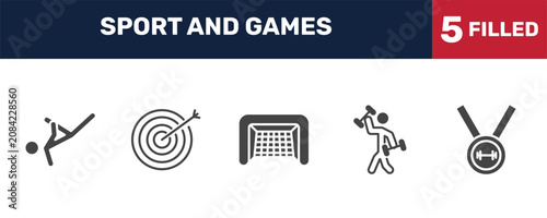 Bild auf Leinwand sport and games icon set with capoeira, bullseye, excersice, weight lifting medal signs in filled style