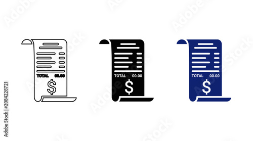 Financial invoice receipt icon set with total dollar amount and paper bill scroll