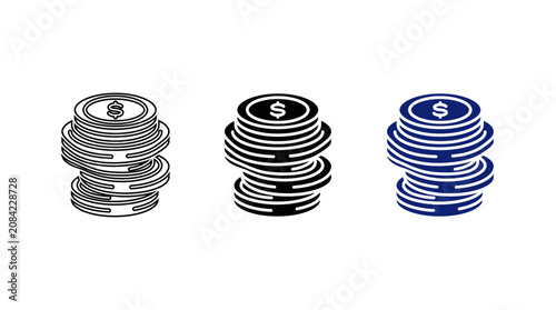 Coin stack icon set with dollar sign currency symbols in outline and glyph styles
