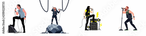 Canvastavla Collection of heavy metal and rock singers performing on stage with microphones and music equipment in a flat vector illustration style