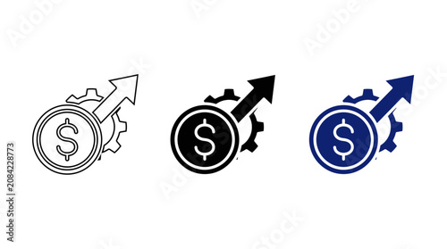 Financial efficiency icon set with dollar coin, mechanism gear, and upward arrow