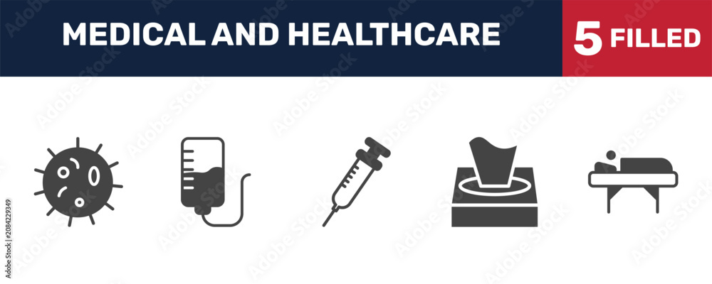 Naklejka premium medical and healthcare icon set with microbe, iv, tissue paper, illness on bed signs in filled style. solid icons for ui, web and printing