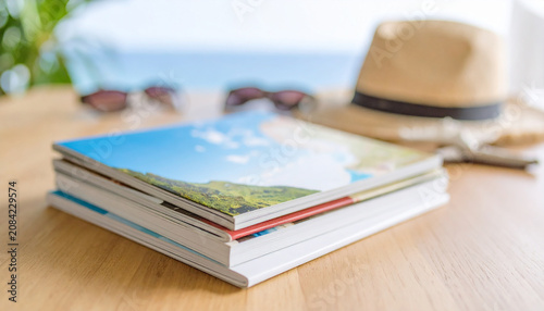 Travel guides and display materials arranged on a wooden table for destination marketing concept.