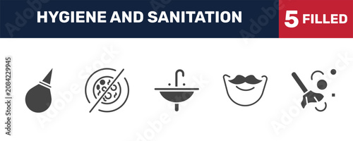 Tableau sur toile hygiene and sanitation icon set with l aspirator, antibacterial, beardy, dust cleaning signs in filled style
