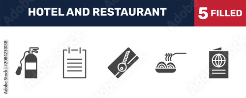 Fotografie hotel and restaurant icon set with fire extinguisher, agenda, spaghetti, passport signs in filled style