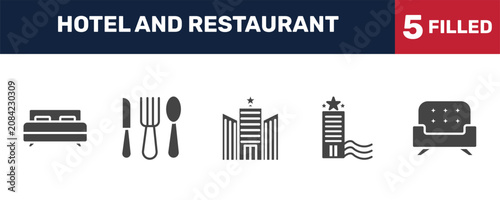 Obraz na płótnie hotel and restaurant icon set with beds, restaurant, beach hotel, lounge signs in filled style