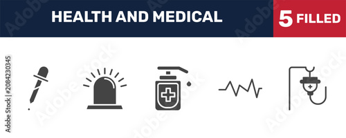 Foto health and medical icon set with pipette, emergency, pulse, saline signs in filled style