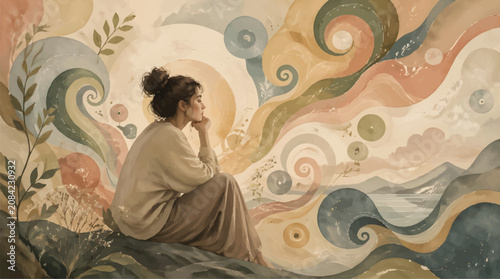 Foto Woman sitting on rock contemplating colorful abstract dreamscape, artistic imagi