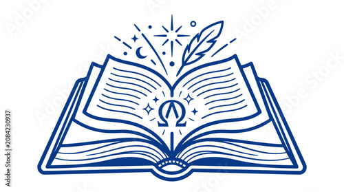 Photos Open Book with Feather, Moon, Stars and Alpha Omega Symbols - Concept of Knowled
