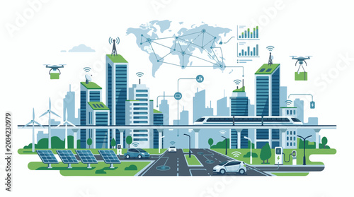 Futuristic city with renewable energy autonomous vehicles and drones