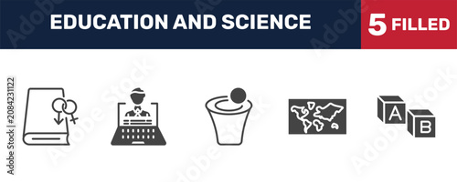 Foto education and science icon set with fraternity, distance teacher, world map, creche signs in filled style