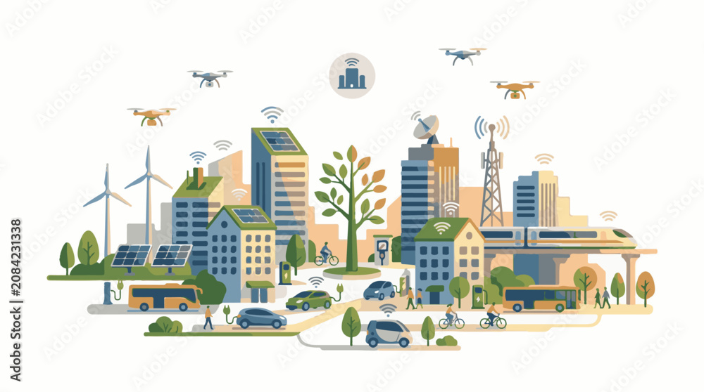 Obraz premium Futuristic city with renewable energy electric vehicles and drones