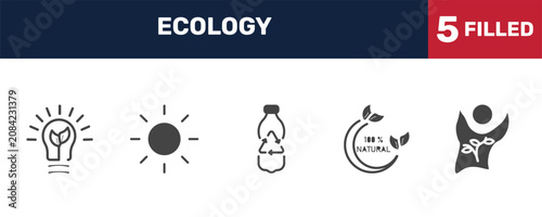 Photos ecology icon set with green energy, sunlight, 100 percent natural, eco volunteer signs in filled style