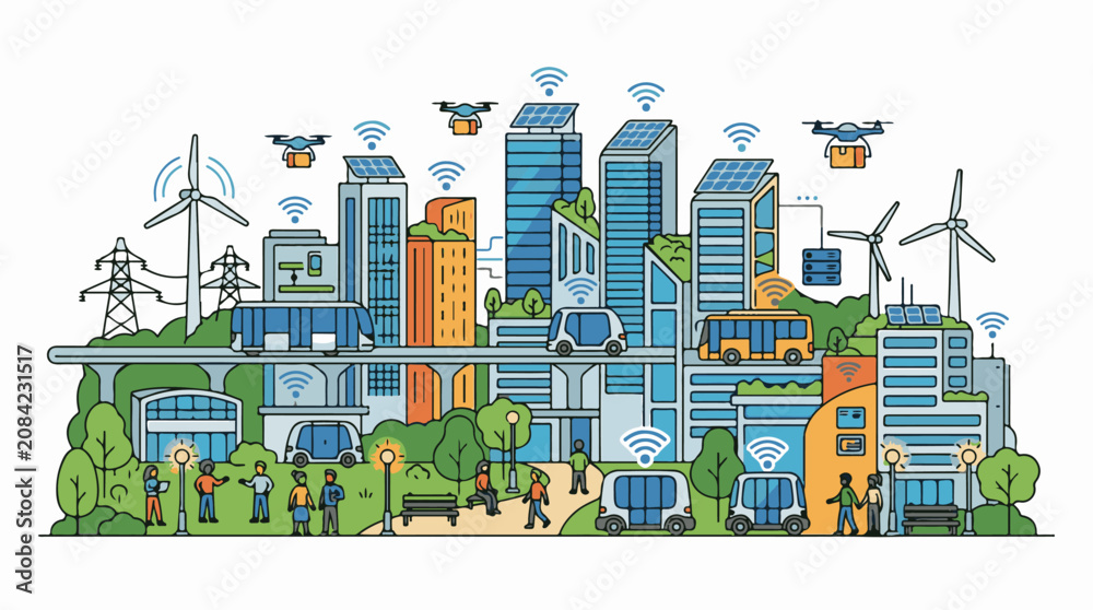 Fototapeta premium Futuristic city showcases renewable energy drones and smart transport