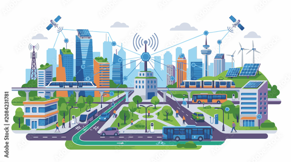 Obraz premium Futuristic city powered by renewable energy with smart transport systems