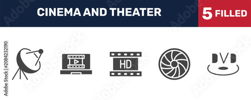 cinema and theater icon set with satellite tv dish, laptop with film strip, camera lens, dvd signs in filled style. solid icons for ui, web and printing