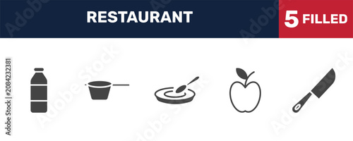 Bilde på lerret restaurant icon set with milk brick, lateral pan, with skin, big knife signs in filled style