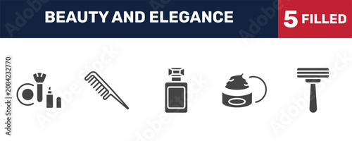 Vászonkép beauty and elegance icon set with make up, inclined comb, facial cream, disposable razor signs in filled style