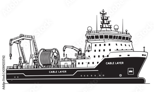 Tableau sur toile Cable laying ship silhouette, cable layer vessel, offshore sea, vector isolated
