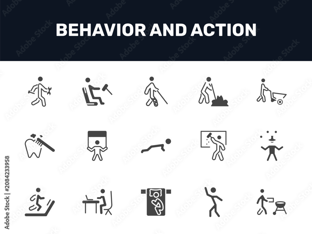 Fototapeta premium behavior and action icon set with man with tool, man with broken leg, man digging, signs in filled style. solid icons for ui, web and printing