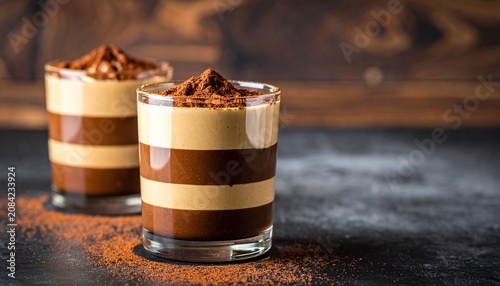 Decadent layered chocolate coffee mousse dessert in a glass with cocoa dusting mousse