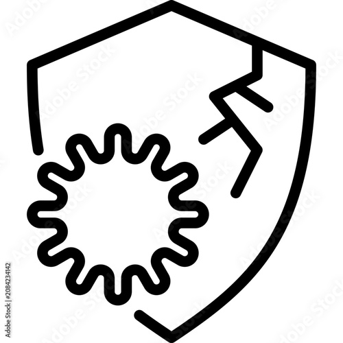 Decreased immunity, weak immune system, shield is hacked by virus. Thin line icon. Healthcare and medical vector illustration.