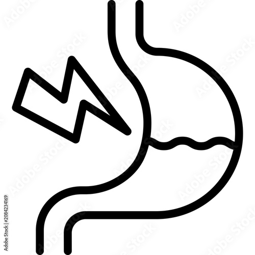 Stomach damage. Thin line icon. Gastroesophageal reflux GER, abdominal inflammation, consequences of alcohol abuse. Healthcare vector illustration.