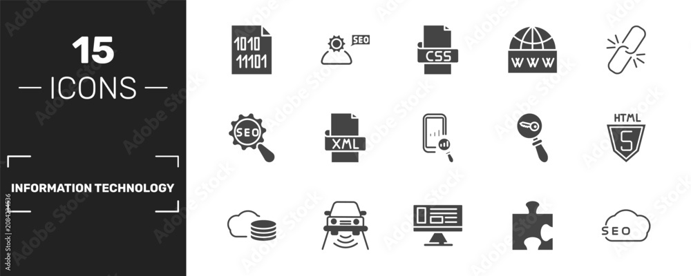Fototapeta premium information technology icon set with binary file, css, web domain, seo signs in filled style. solid icons for ui, web and printing