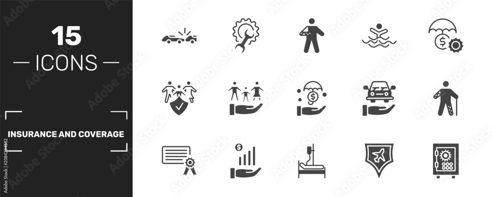 Fototapeta premium insurance and coverage icon set with rear end collision, broken arm, drown, bank safe signs in filled style. solid icons for ui, web and printing
