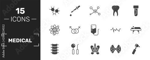 Schilderij op canvas medical icon set with three hexagons cell, molecular structure, teeth, otoscope signs in filled style