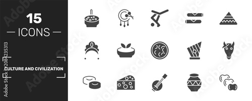 Foto culture and civilization icon set with crema catalana, capoeira brazil dancers, spring rolls, ajotomate signs in filled style