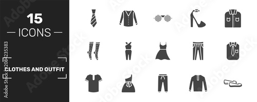 Canvas-taulu clothes and outfit icon set with tie, shutter sunglasses, platform sandals, loafer signs in filled style