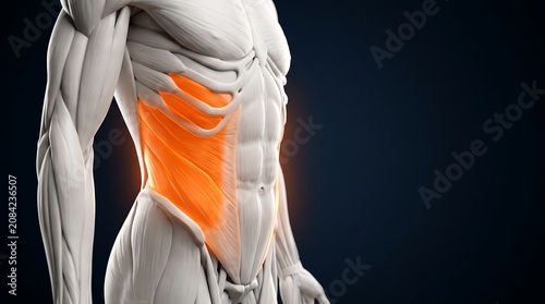 3D rendering of human external oblique muscle highlighted in orange on a male torso, illustrating abdominal anatomy and core musculature.
