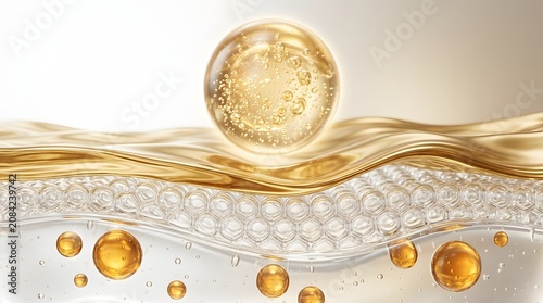 Golden serum drop falling into a liquid wave with skin layer texture for cosmetic skincare advertising and beauty product