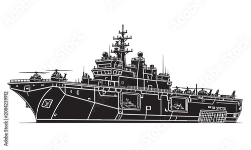 Принти на полотні Amphibious assault ship silhouette, amphibious vessel, ocean sea, vector isolate