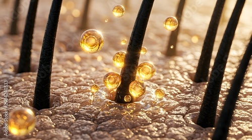 Close up view of hair strands with golden oil drops nourishing scalp and hair follicles for beauty and health care treatment