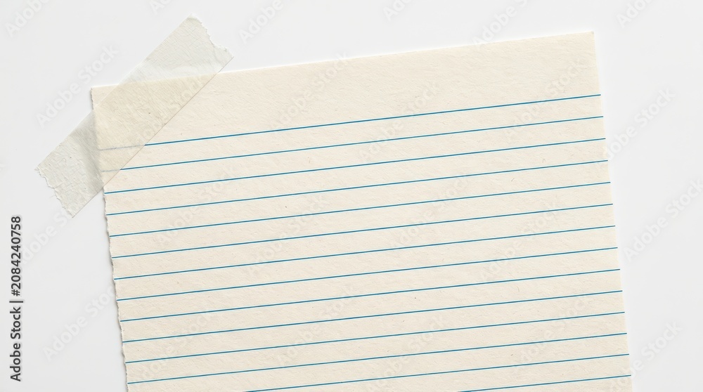 Fototapeta premium A piece of lined paper with a torn edge attached with masking tape isolated on white background