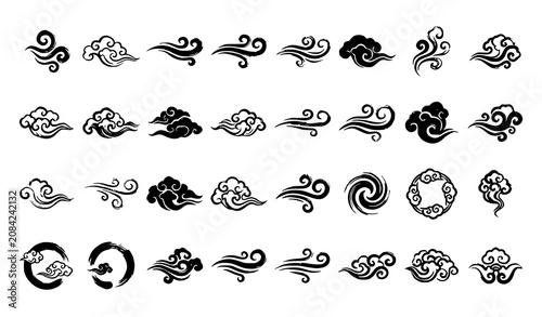 Asian Brush Stroke Cloud and Wind Symbols Editable Ink Vector Set