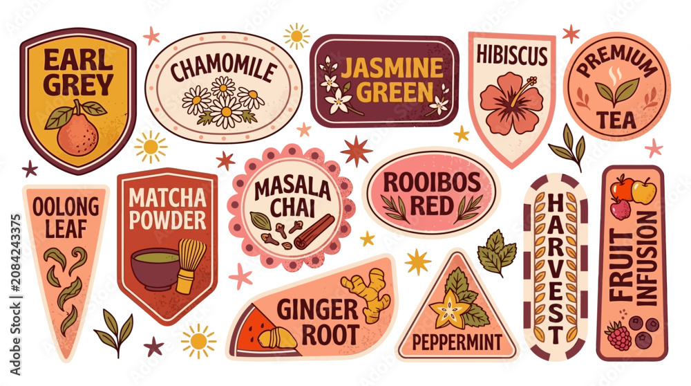 Obraz premium A vibrant collection of diverse tea and herbal infusion labels, showcasing various flavors, natural ingredients, and stylish packaging designs for hot and cold beverages